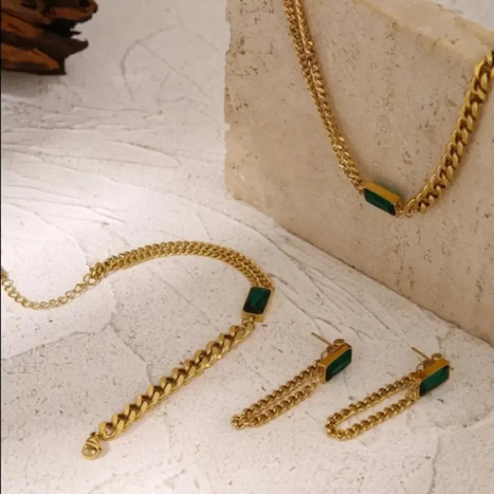 Emerald Green Gold Zircon Matching Chain Link Necklace Bracelet Earrings Set